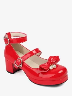 Sweet Lolita Footwear Black Bows Round Toe PU Leather Lolita Pumps