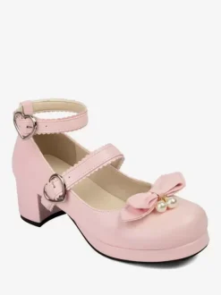 Sweet Lolita Footwear Black Bows Round Toe PU Leather Lolita Pumps