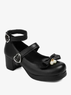 Sweet Lolita Footwear Black Bows Round Toe PU Leather Lolita Pumps