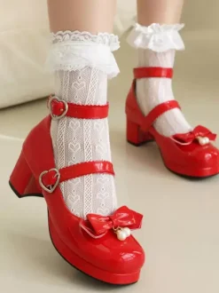 Sweet Lolita Footwear Black Bows Round Toe PU Leather Lolita Pumps