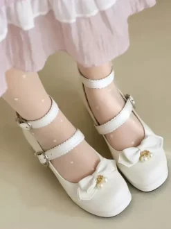 Sweet Lolita Footwear Black Bows Round Toe PU Leather Lolita Pumps