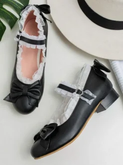 Sweet Lolita Footwear Bows Lace Round Toe Leather Lolita Pumps