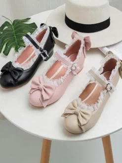 Sweet Lolita Footwear Bows Lace Round Toe Leather Lolita Pumps