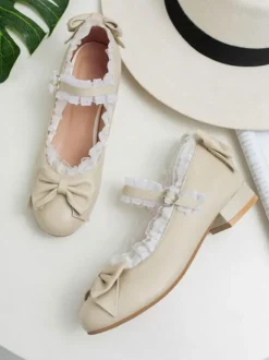 Sweet Lolita Footwear Bows Lace Round Toe Leather Lolita Pumps