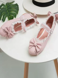 Sweet Lolita Footwear Bows Lace Round Toe Leather Lolita Pumps