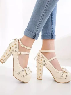 Sweet Lolita Footwear Bows Round Toe Lace Up Leather Lolita Pumps