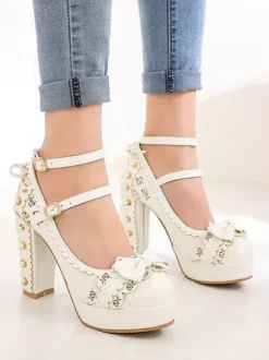 Sweet Lolita Footwear Bows Round Toe Lace Up Leather Lolita Pumps