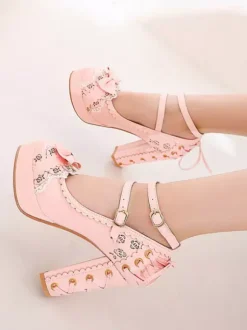Sweet Lolita Footwear Bows Round Toe Lace Up Leather Lolita Pumps