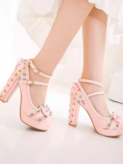 Sweet Lolita Footwear Bows Round Toe Lace Up Leather Lolita Pumps