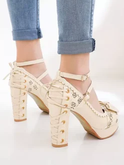 Sweet Lolita Footwear Bows Round Toe Lace Up Leather Lolita Pumps