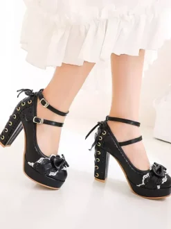 Sweet Lolita Footwear Bows Round Toe Lace Up Leather Lolita Pumps