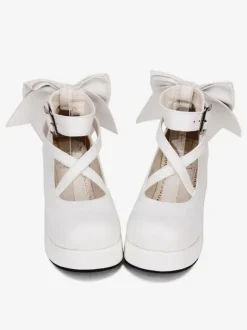 Sweet Lolita Footwear Bow Stappy Buckle Wedge Heel White Lolita Shoes