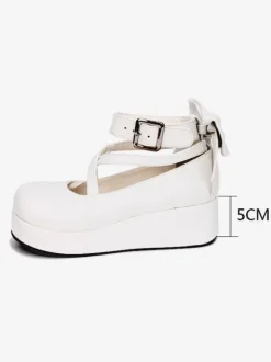 Sweet Lolita Footwear Bow Stappy Buckle Wedge Heel White Lolita Shoes