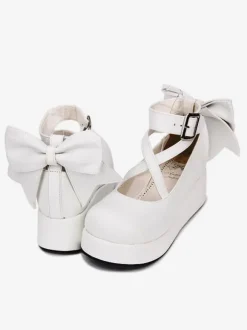 Sweet Lolita Footwear Bow Stappy Buckle Wedge Heel White Lolita Shoes