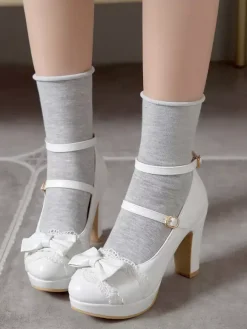 Sweet Lolita Footwear Bow Lace Leather Platform Chunky Heel Lolita Shoes