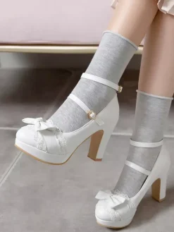 Sweet Lolita Footwear Bow Lace Leather Platform Chunky Heel Lolita Shoes