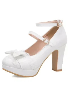 Sweet Lolita Footwear Bow Lace Leather Platform Chunky Heel Lolita Shoes