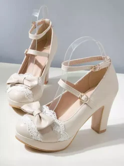 Sweet Lolita Footwear Bow Lace Leather Platform Chunky Heel Lolita Shoes