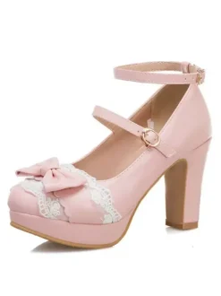 Sweet Lolita Footwear Bow Lace Leather Platform Chunky Heel Lolita Shoes