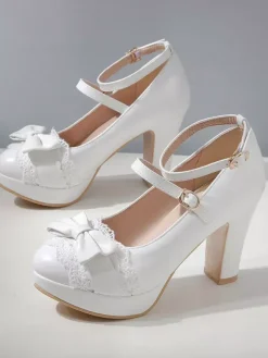 Sweet Lolita Footwear Bow Lace Leather Platform Chunky Heel Lolita Shoes