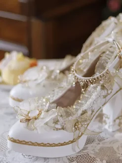 Sweet Lolita Footwear Ecru White Bows Flowers Lace PU Leather Chunky Heel Lolita Pumps