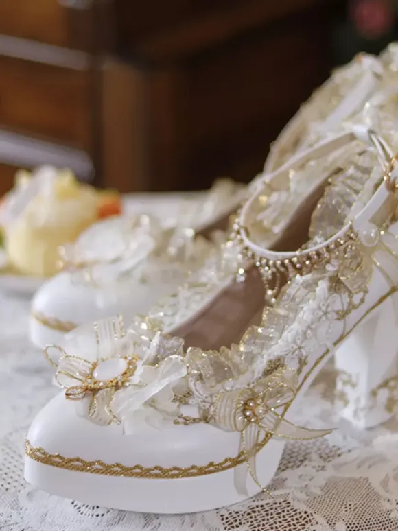 Sweet Lolita Footwear Ecru White Bows Flowers Lace PU Leather Chunky Heel Lolita Pumps