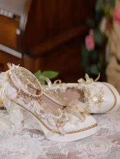 Sweet Lolita Footwear Ecru White Bows Flowers Lace PU Leather Chunky Heel Lolita Pumps