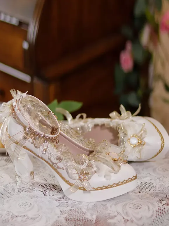 Sweet Lolita Footwear Ecru White Bows Flowers Lace PU Leather Chunky Heel Lolita Pumps