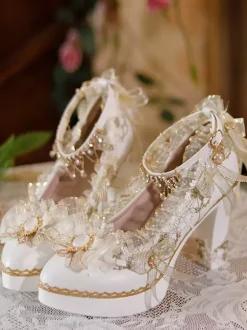Sweet Lolita Footwear Ecru White Bows Flowers Lace PU Leather Chunky Heel Lolita Pumps