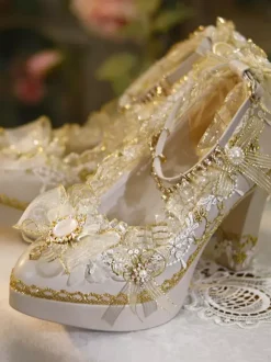 Sweet Lolita Footwear Ecru White Bows Flowers Lace PU Leather Chunky Heel Lolita Pumps