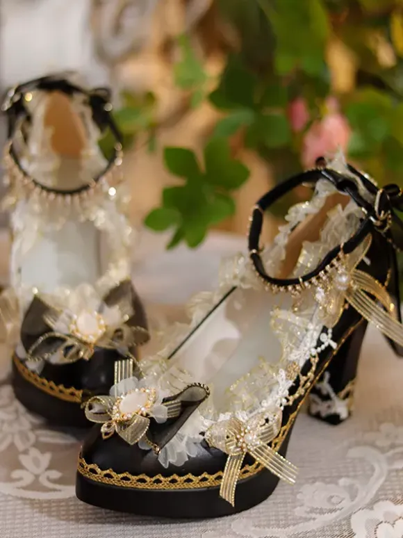 Sweet Lolita Footwear Ecru White Bows Flowers Lace PU Leather Chunky Heel Lolita Pumps
