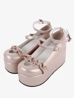 Sweet Lolita Footwear Nude Hearts Pattern Butterfly Round Toe PU Leather Lolita Shoes