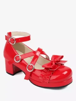 Sweet Lolita Footwear Pink Bows PU Leather Chunky Heel Lolita Pumps