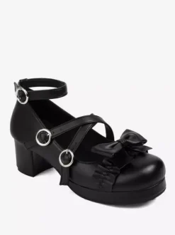Sweet Lolita Footwear Pink Bows PU Leather Chunky Heel Lolita Pumps