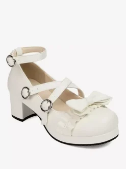 Sweet Lolita Footwear Pink Bows PU Leather Chunky Heel Lolita Pumps