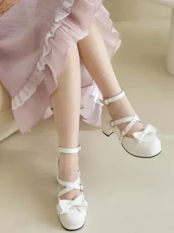 Sweet Lolita Footwear Pink Bows PU Leather Chunky Heel Lolita Pumps