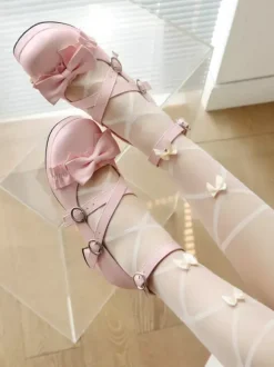 Sweet Lolita Footwear Pink Bows PU Leather Chunky Heel Lolita Pumps