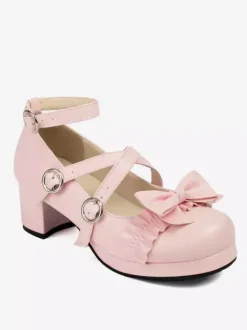 Sweet Lolita Footwear Pink Bows PU Leather Chunky Heel Lolita Pumps