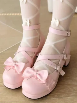 Sweet Lolita Footwear Pink Bows PU Leather Chunky Heel Lolita Pumps