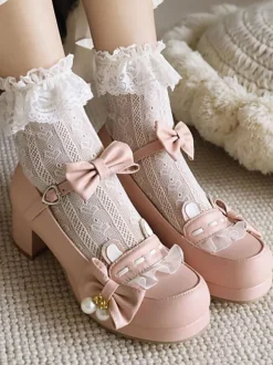 Sweet Lolita Footwear Pink Bowkont Round Toe PU Leather Lolita Pumps