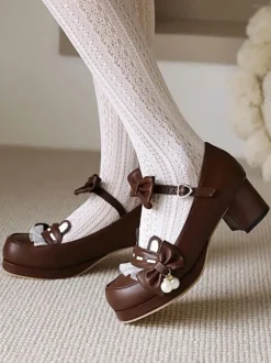 Sweet Lolita Footwear Pink Bowkont Round Toe PU Leather Lolita Pumps