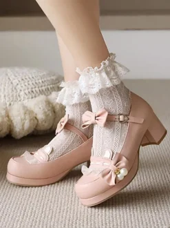 Sweet Lolita Footwear Pink Bowkont Round Toe PU Leather Lolita Pumps