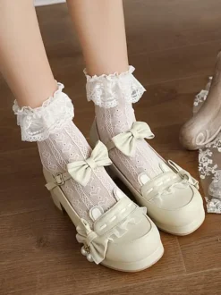 Sweet Lolita Footwear Pink Bowkont Round Toe PU Leather Lolita Pumps