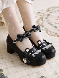 Sweet Lolita Footwear Pink Bowkont Round Toe PU Leather Lolita Pumps