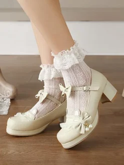 Sweet Lolita Footwear Pink Bowkont Round Toe PU Leather Lolita Pumps