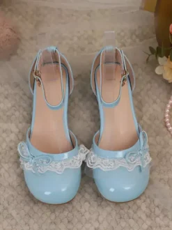 Sweet Lolita Footwear Pink Color Block Bows Ruffles Lace Round Toe Lolita Pumps