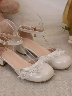 Sweet Lolita Footwear Pink Color Block Bows Ruffles Lace Round Toe Lolita Pumps
