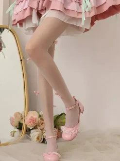 Sweet Lolita Footwear Pink Color Block Bows Ruffles Lace Round Toe Lolita Pumps