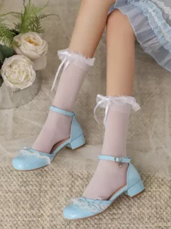 Sweet Lolita Footwear Pink Color Block Bows Ruffles Lace Round Toe Lolita Pumps