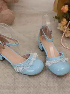 Sweet Lolita Footwear Pink Color Block Bows Ruffles Lace Round Toe Lolita Pumps